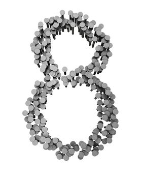 Alphabet made from hammered nails isolated on white background, number 8