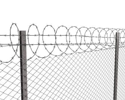Chainlink fence with barbed wire on top  isolated on white background