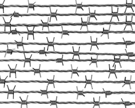 Lines of barbed wire isolated on white background