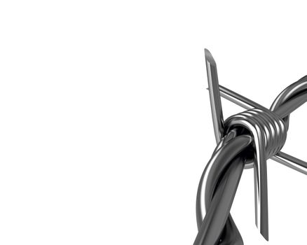 Barbed wire spike closeup, corner version isolated on white background