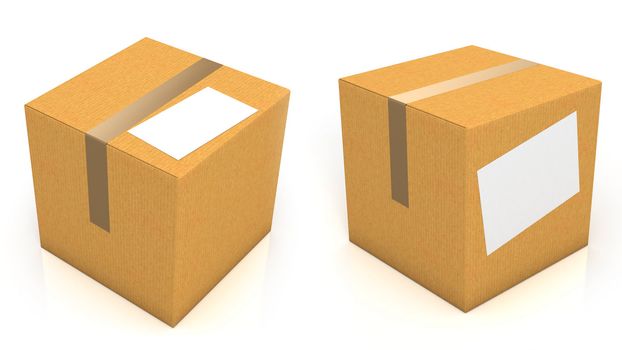 Carton box with blank paper for text isolated on white background