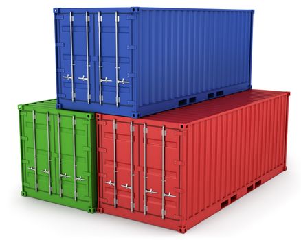 Three freight containers isolated on white background