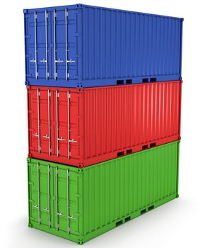 Three freight containers stacked in a tower isolated on white background