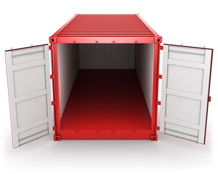 Opened red freight container isolated on white background, front view