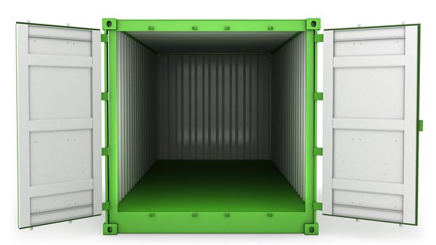 Opened green freight container isolated on white background, front view