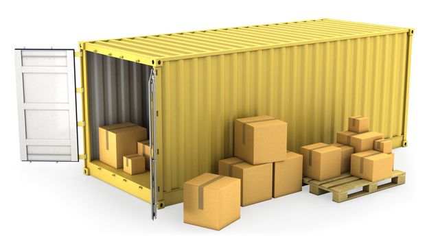 Yellow opened container with a lot of carton boxes, isolated on white background