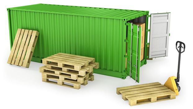 Green opened container and stack of wooden pallets, isolated on white background