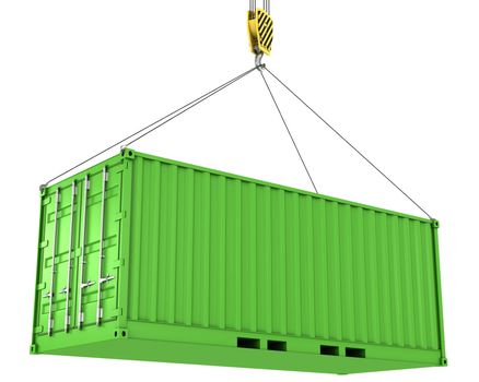 Green freight container hoisted, isolated on white background