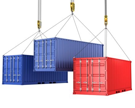 Three freight containers are being hoisted, isolated on white background