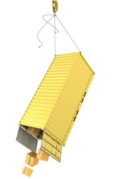 Yellow container falling after accidentally detaching hooks isolated on white background