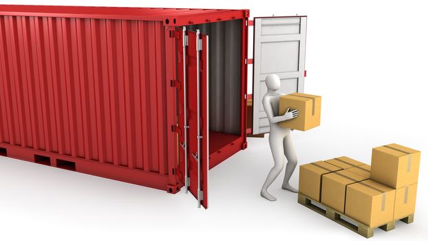 Worker unloads container, isolated on white background