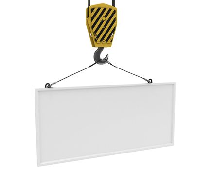 Yellow crane hook lifting white blank plane for text, isolated on white background