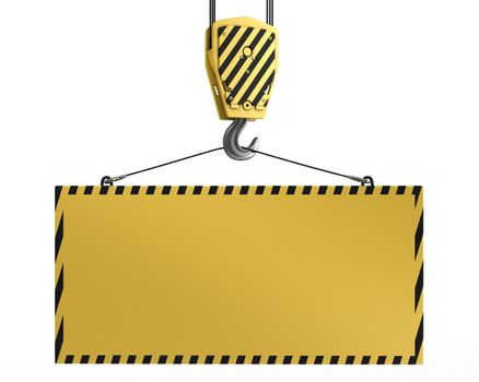 Yellow crane hook lifting blank yellow for design purposes, isolated on white background