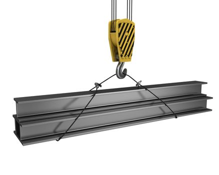 Crane hook lifts up few H girders isolated on white background