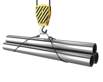 Crane hook lifts up few pipes isolated on white background 