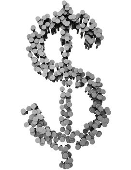 Alphabet made from hammered nails isolated on white background, dollar symbol