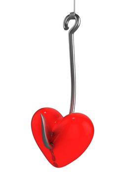 Red heart on a fishing hook isolated on white background