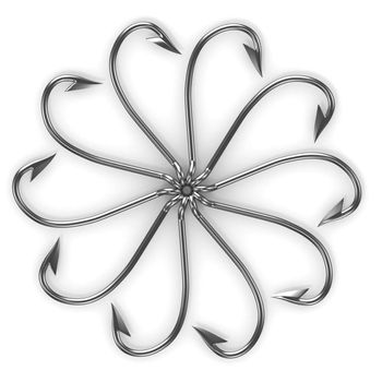 Abstract flower made from fishing hooks isolated on white background