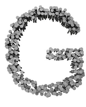 Alphabet made from hammered nails isolated on white background