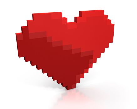 Red heart made of cubic pixels isolated on white background