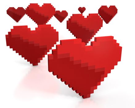 Few red hearts made of cubic pixels isolated on white background