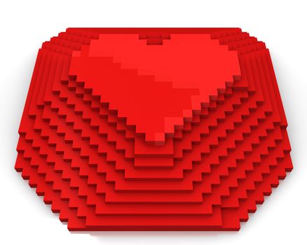Pyramid with heart on top made of red cubic pixels isolated on white background, front view
