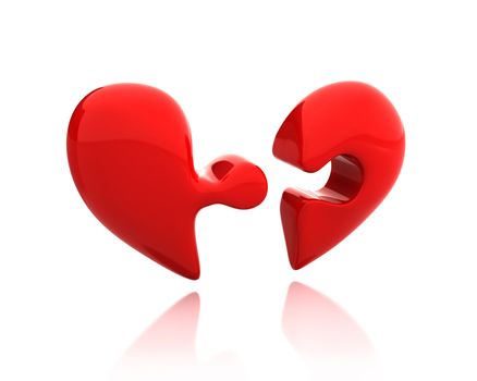 Heart puzzle from two parts broken down isolated on white background