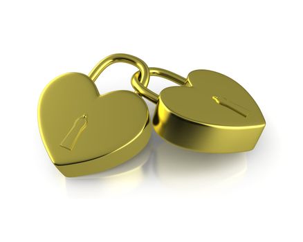 Two connected golden locks formed as hearts isolated on white background