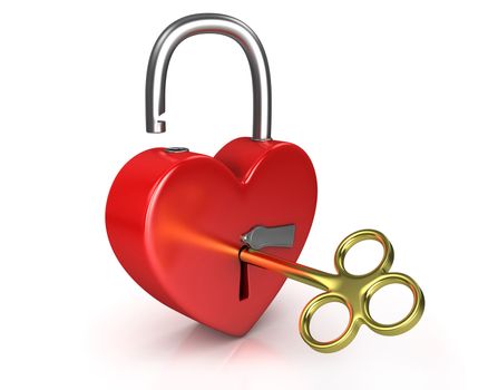 Opened red lock formed as heart with a golden key in a keyhole isolated on white background