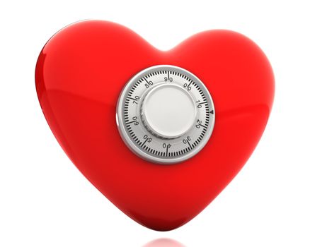 Red heart with a numeric safe lock isolated on white background