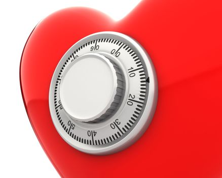 Red heart with a numeric safe lock closeup isolated on white background