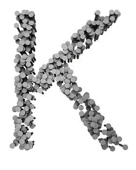 Alphabet made from hammered nails isolated on white background