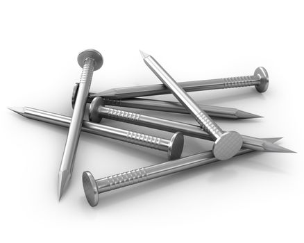 Heap of steel shiny nails isolated on white background