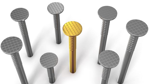 Golden nail between steel ones isolated on white background