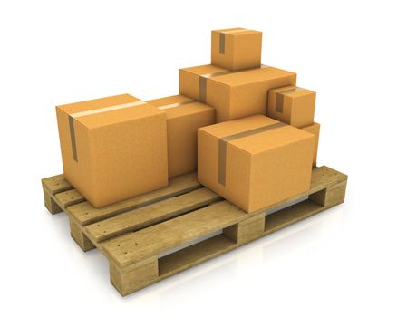 Stack of different sized carton boxes on wooden pallet isolated on white background