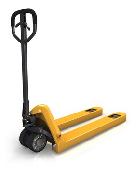 Pallet truck in perspective, rear view isolated on white background