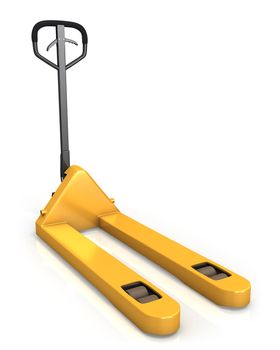 Pallet truck in perspective, front view isolated on white background