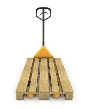 Pallet truck with empty pallet in perspective,front view isolated on white background