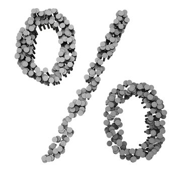 Alphabet made from hammered nails isolated on white background, percent symbol