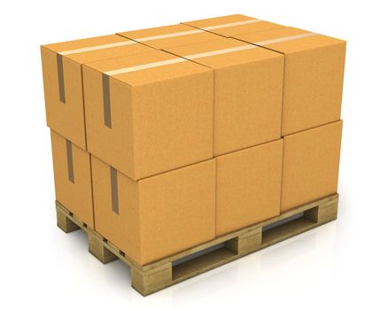 Stack of carton boxes on a pallet isolated on white background