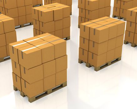 A lot of stacks of carton boxes on a pallets isolated on white background
