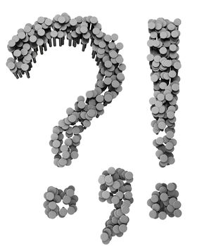 Alphabet made from hammered nails isolated on white background, punctuation marks