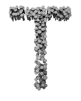 Alphabet made from hammered nails isolated on white background