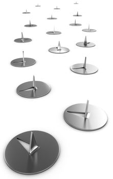 Path of metal thumbtacks isolated on white background