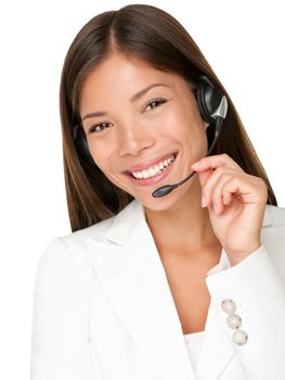 Headset. Customer service operator woman with headset smiling looking at camera. Beautiful mixed race Asian Caucasian call center woman isolated on white background.