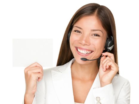 Headset. Customer service operator woman from call center smiling with headset showing blank empty sign card for copy space. Beautiful mixed race Asian Caucasian woman isolated on white background.