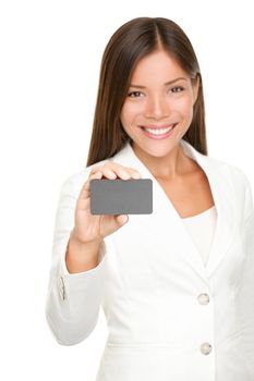 Woman showing business card smiling in white suit isolated on white background. Beautiful young professional Asian Caucasian businesswoman