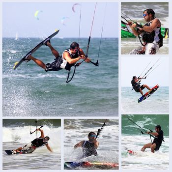 Collage from 6 photos kiteboarder enjoy surfing in water. Vietnam