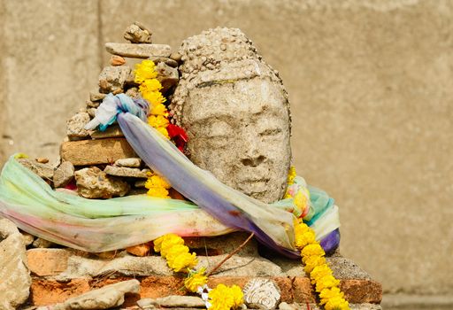 Head of Sandstone Buddha at Ruin Temple, Thailand