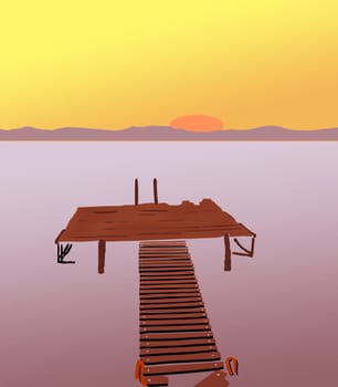 Illustration of a brown pier under sunset sky